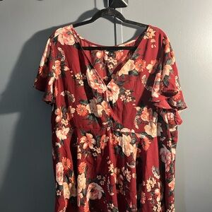 Torrid Burgundy Floral Dress with Ruffle Sleeves